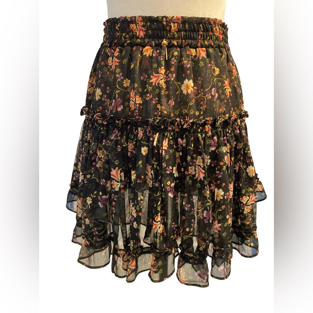 MISA Black Floral Ruffle Mini Skirt – Boho Luxe Tiered Sheer Overlay Size Small - Picture 4 of 11